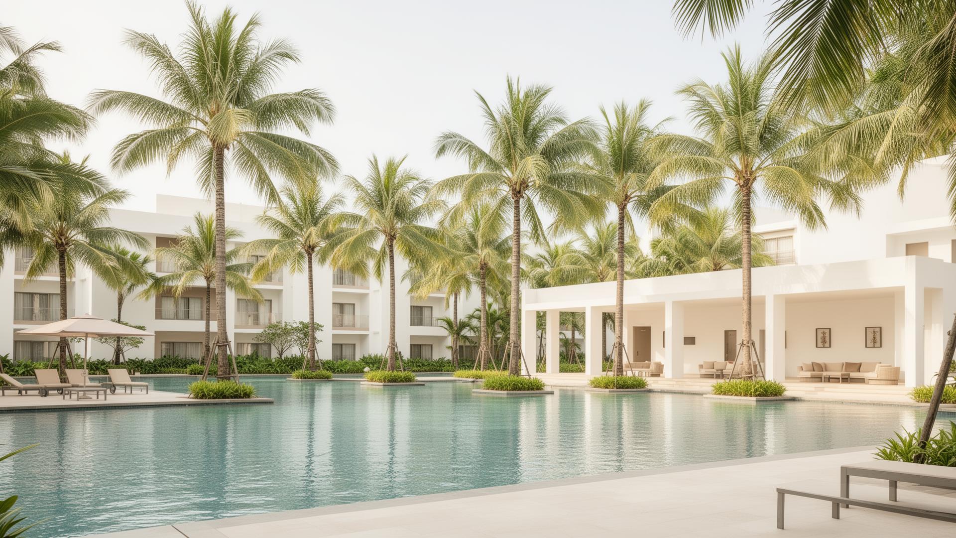 Montaire Vacation Home in Parañaque, Metro Manila – luxury staycation residence with exclusive lagoon-inspired wave pool, tropical palm landscaping, and modern white minimalist resort architecture