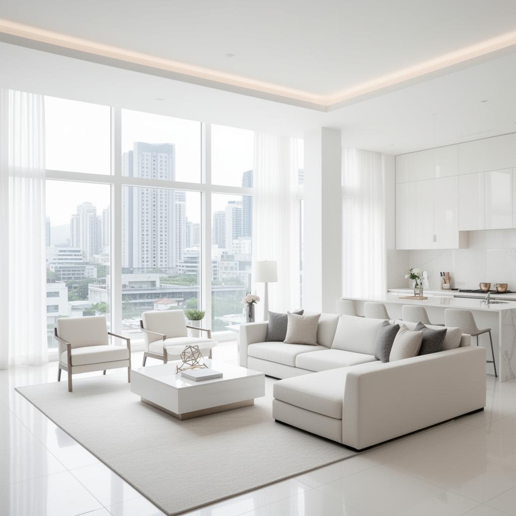 Montaire Residences luxury serviced apartment interior in Makati City – elegant living room with floor-to-ceiling windows, modern furnishings, and Manila skyline views
