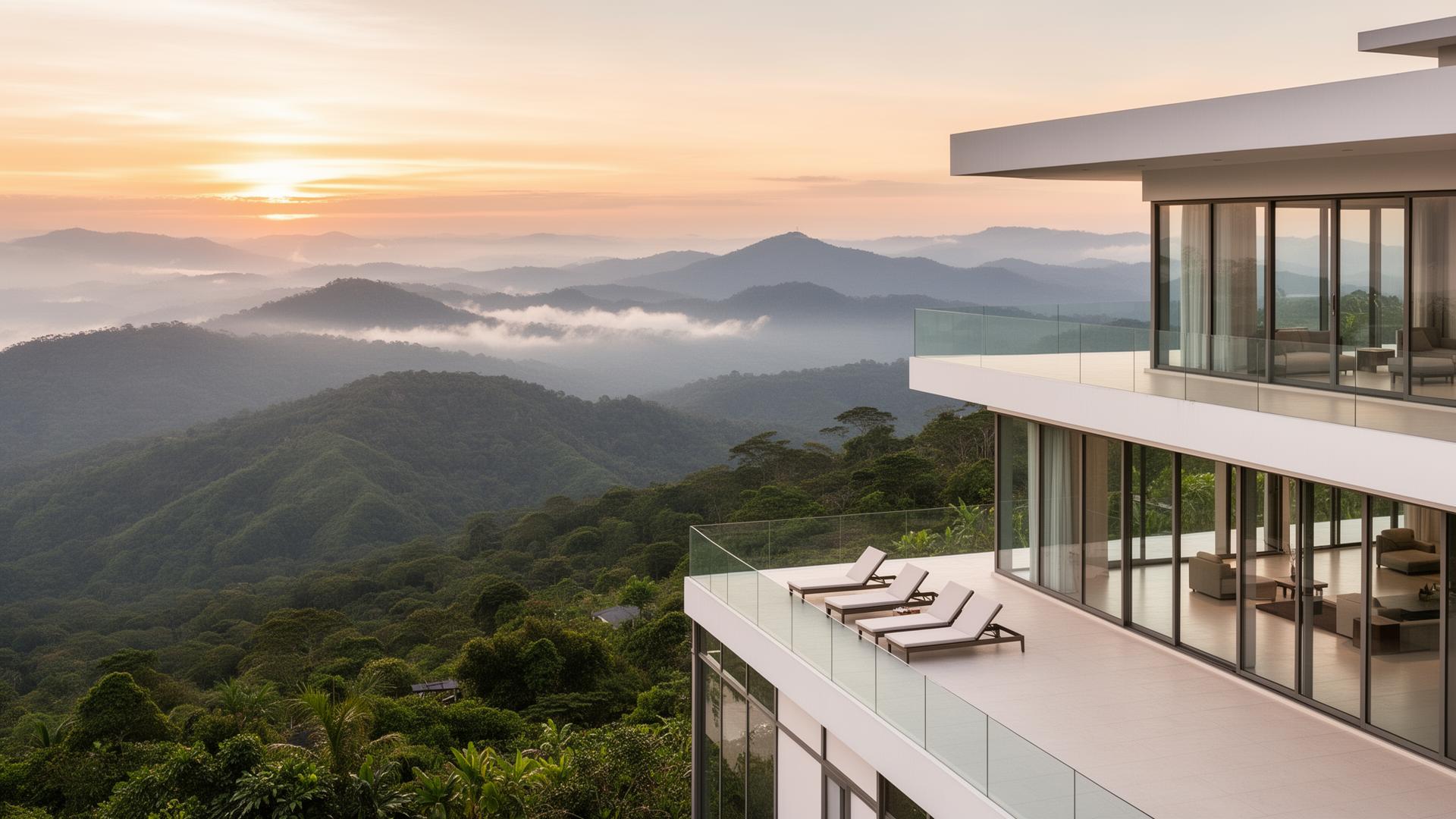 Montaire Tagaytay Hillside Retreat – modern luxury vacation home with panoramic terrace overlooking misty Tagaytay mountains, cool climate, and floor-to-ceiling windows at golden hour
